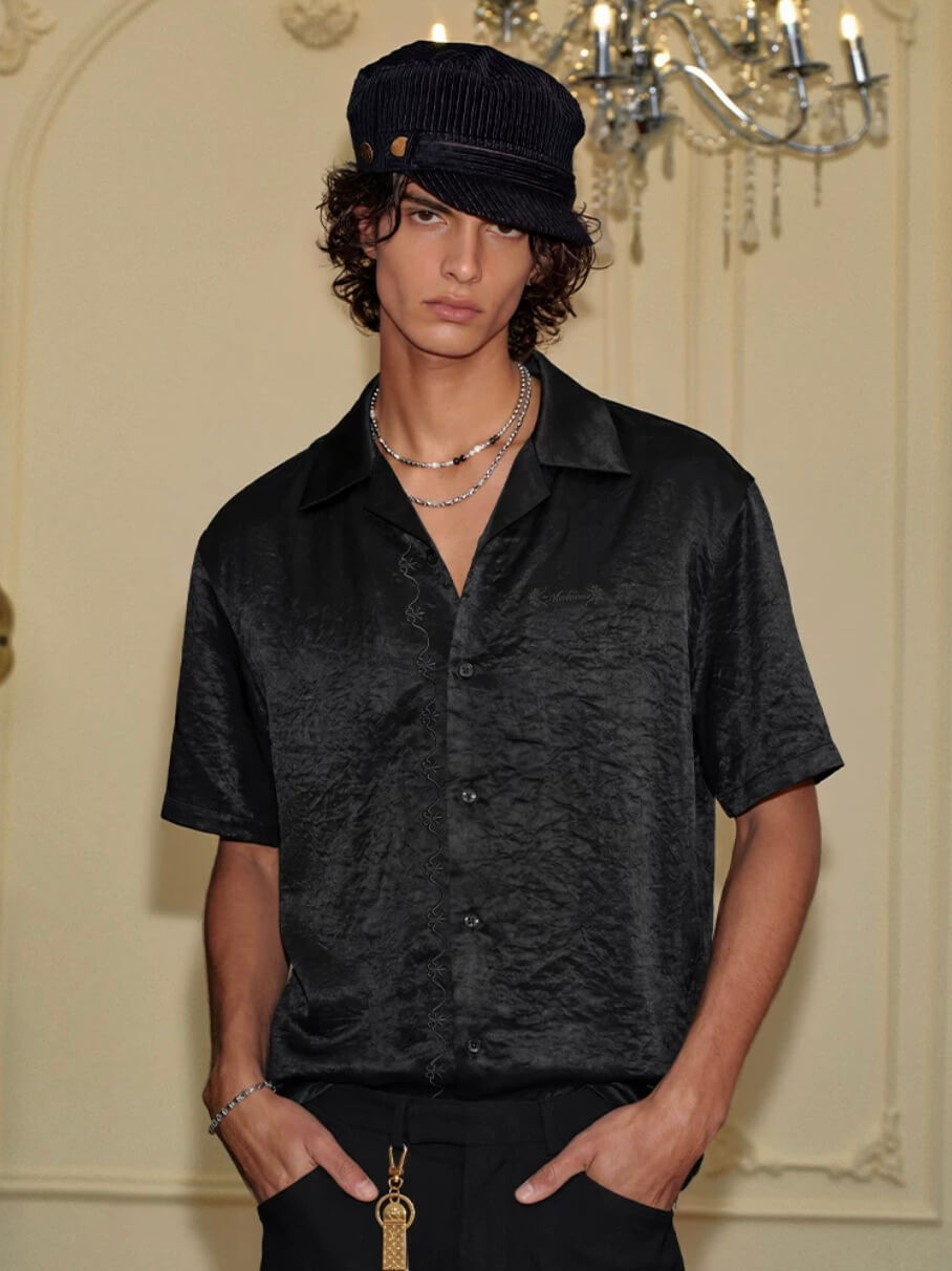 YADcrew Satin Embroidered Cuban Collar Short Sleeve Shirt