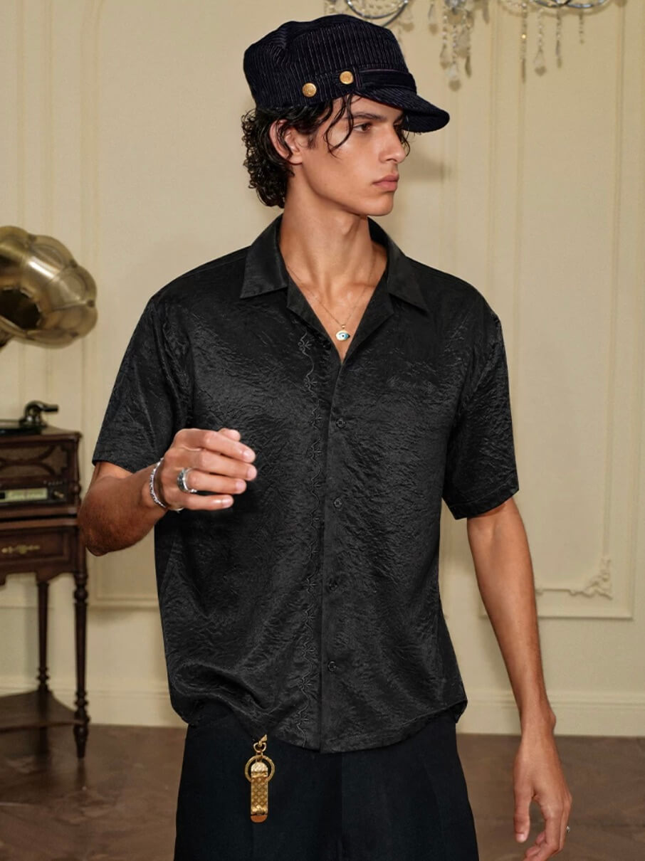 YADcrew Satin Embroidered Cuban Collar Short Sleeve Shirt