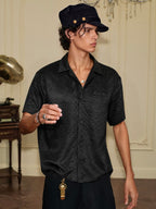 YADcrew Satin Embroidered Cuban Collar Short Sleeve Shirt