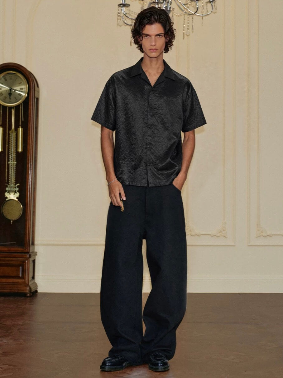 YADcrew Satin Embroidered Cuban Collar Short Sleeve Shirt