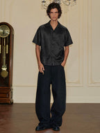 YADcrew Satin Embroidered Cuban Collar Short Sleeve Shirt