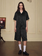 YADcrew Satin Embroidered Cuban Collar Short Sleeve Shirt