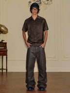 YADcrew Satin Embroidered Cuban Collar Short Sleeve Shirt