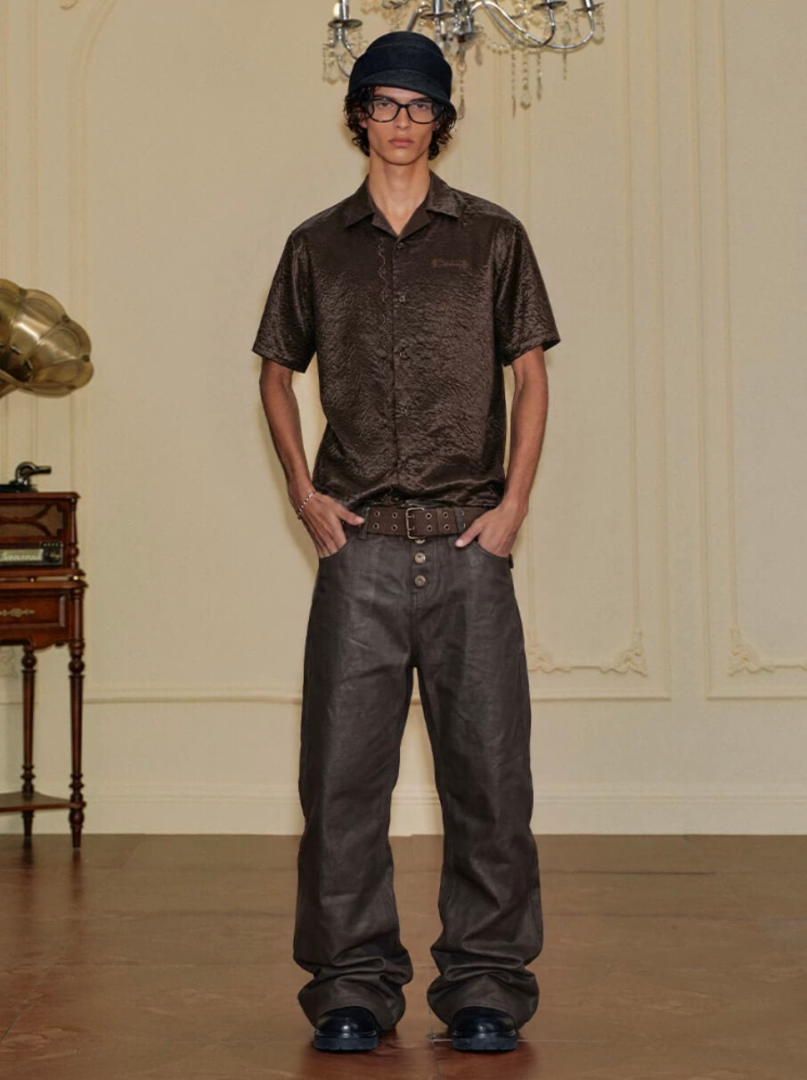 YADcrew Satin Embroidered Cuban Collar Short Sleeve Shirt
