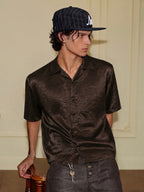 YADcrew Satin Embroidered Cuban Collar Short Sleeve Shirt