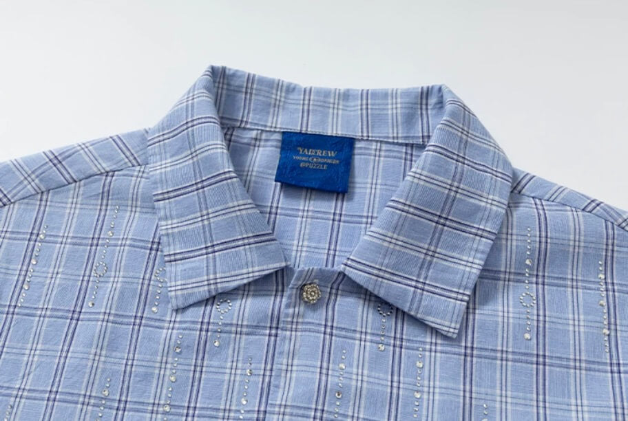 YADcrew All Over Rhinestone Plaid Short Sleeve Shirt