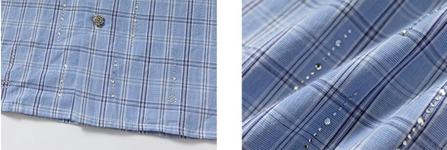 YADcrew All Over Rhinestone Plaid Short Sleeve Shirt