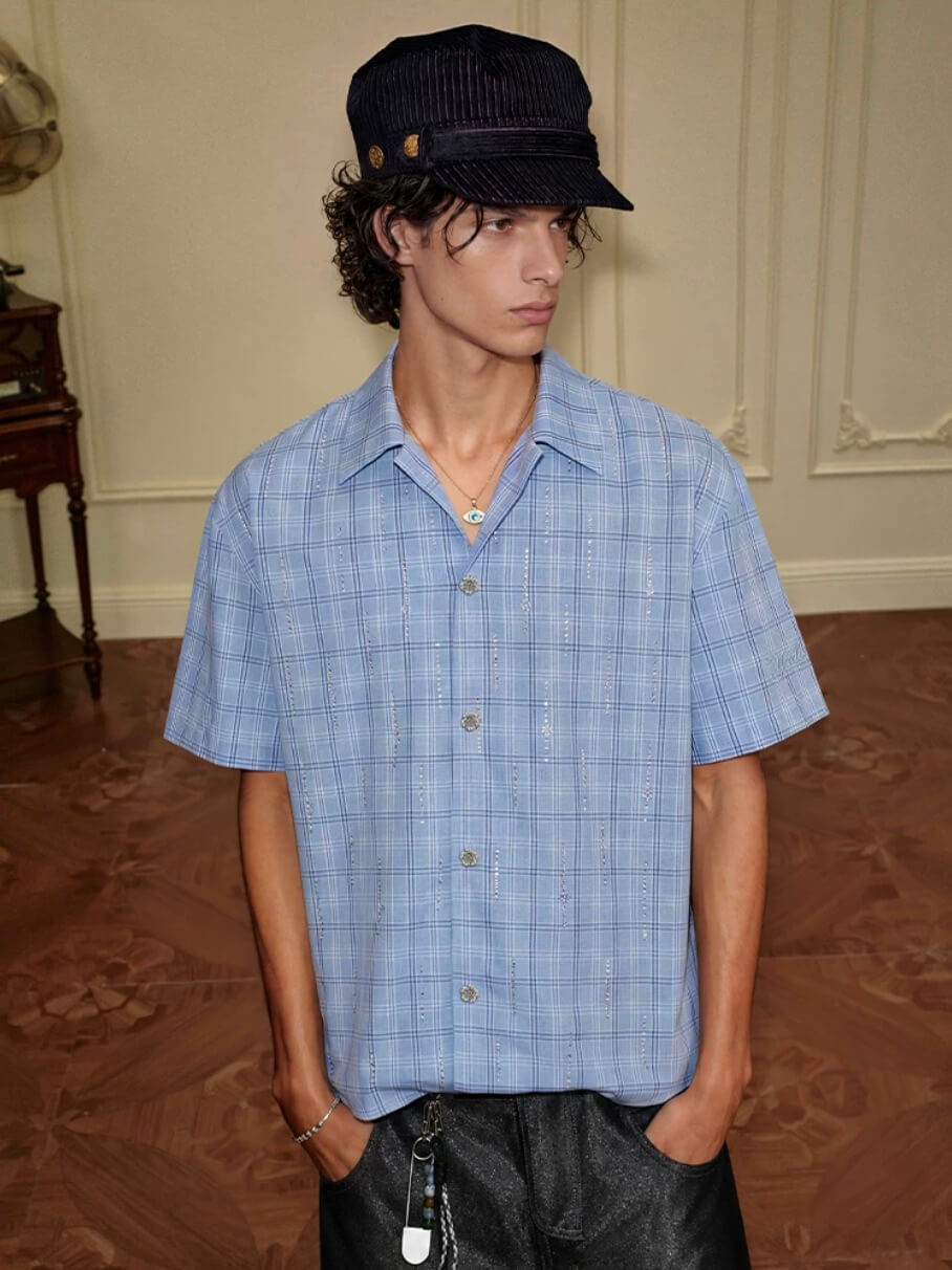 YADcrew All Over Rhinestone Plaid Short Sleeve Shirt