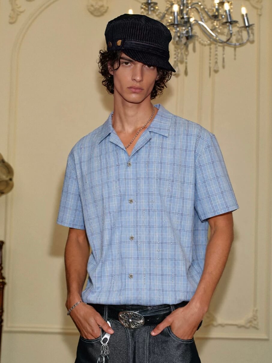 YADcrew All Over Rhinestone Plaid Short Sleeve Shirt