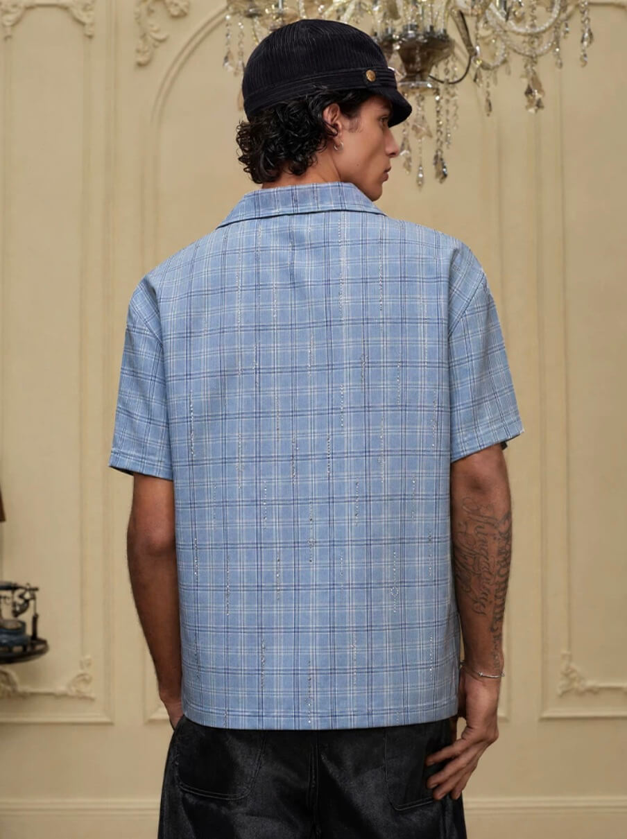 YADcrew All Over Rhinestone Plaid Short Sleeve Shirt