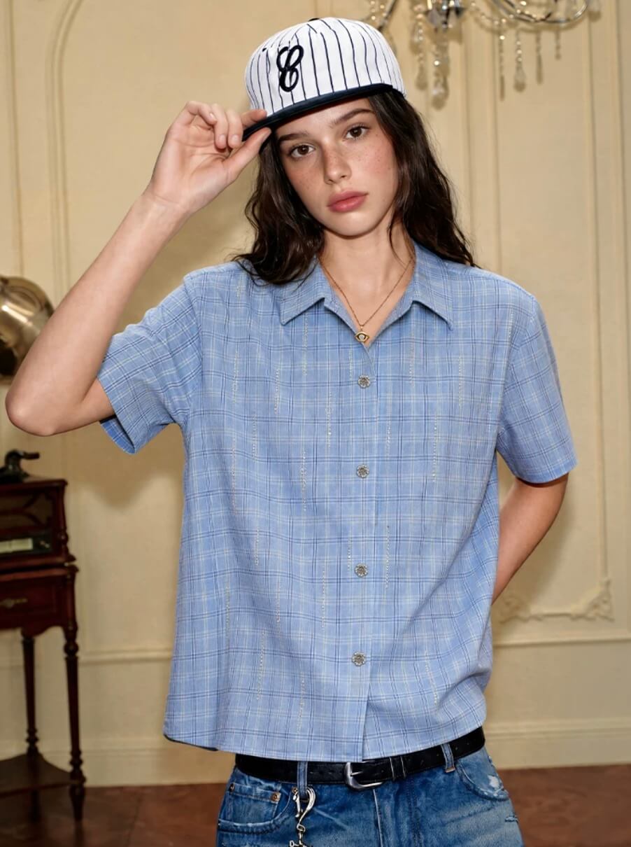 YADcrew All Over Rhinestone Plaid Short Sleeve Shirt