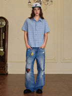 YADcrew All Over Rhinestone Plaid Short Sleeve Shirt