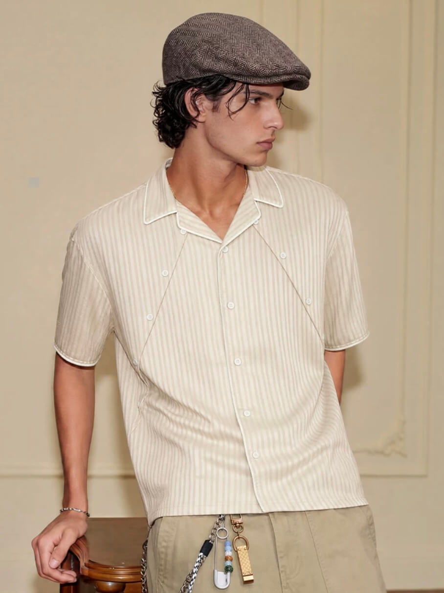 YADcrew Shiny Satin Striped Short Sleeve Shirt