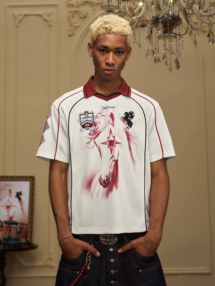 YADcrew Rhinestone Embroidered Patch Horse Print Mesh Polo Jersey