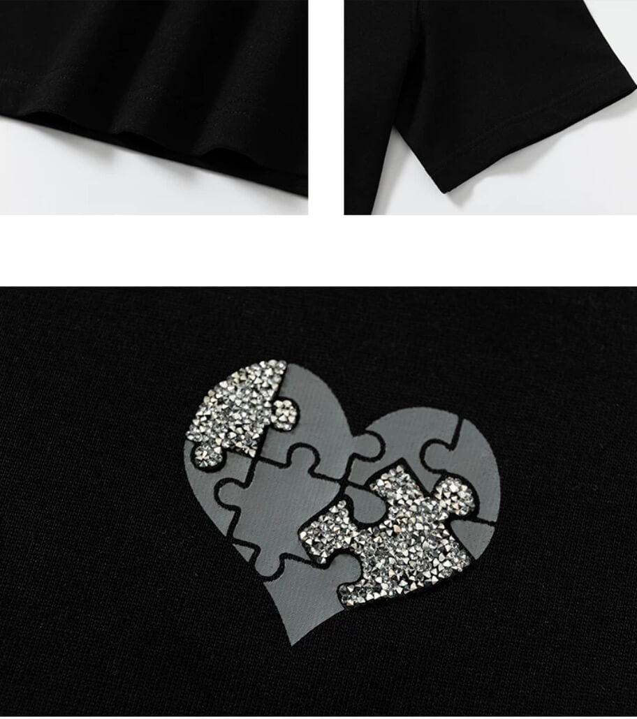YADcrew Heart Puzzle Logo Print Rhinestone Tee