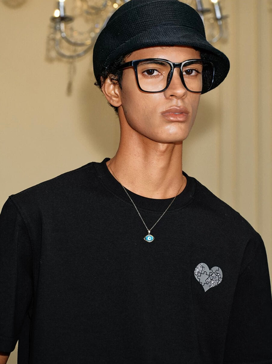 YADcrew Heart Puzzle Logo Print Rhinestone Tee