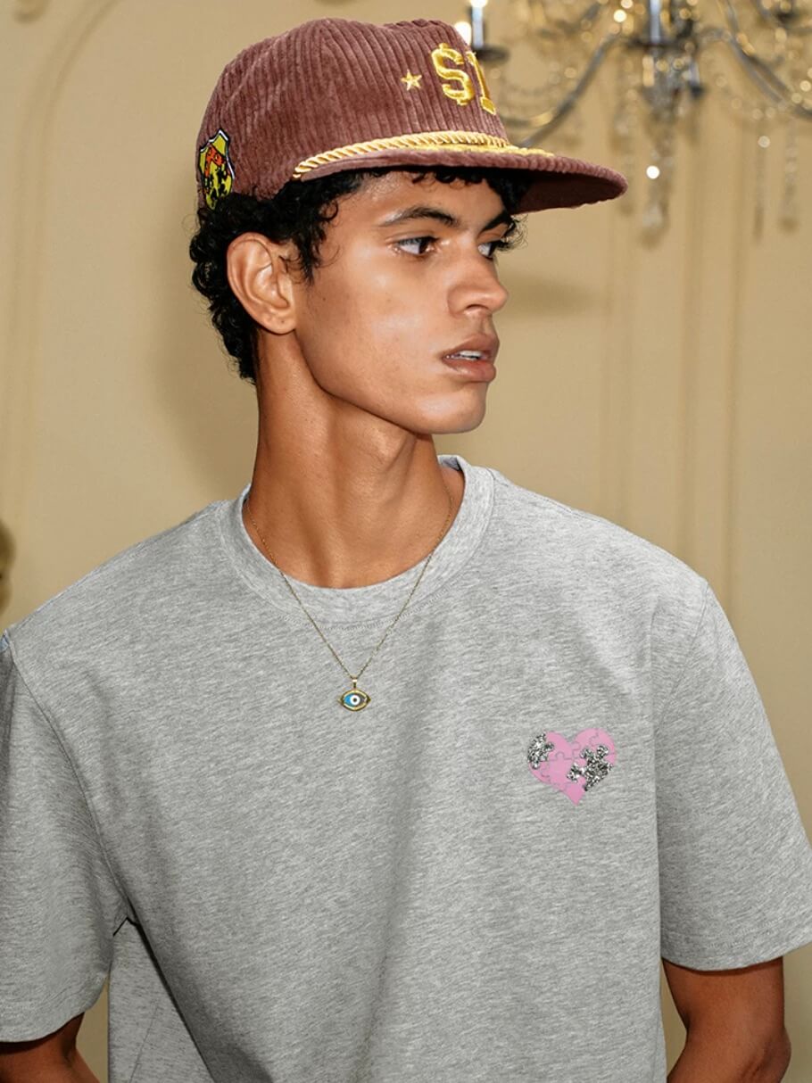 YADcrew Heart Puzzle Logo Print Rhinestone Tee