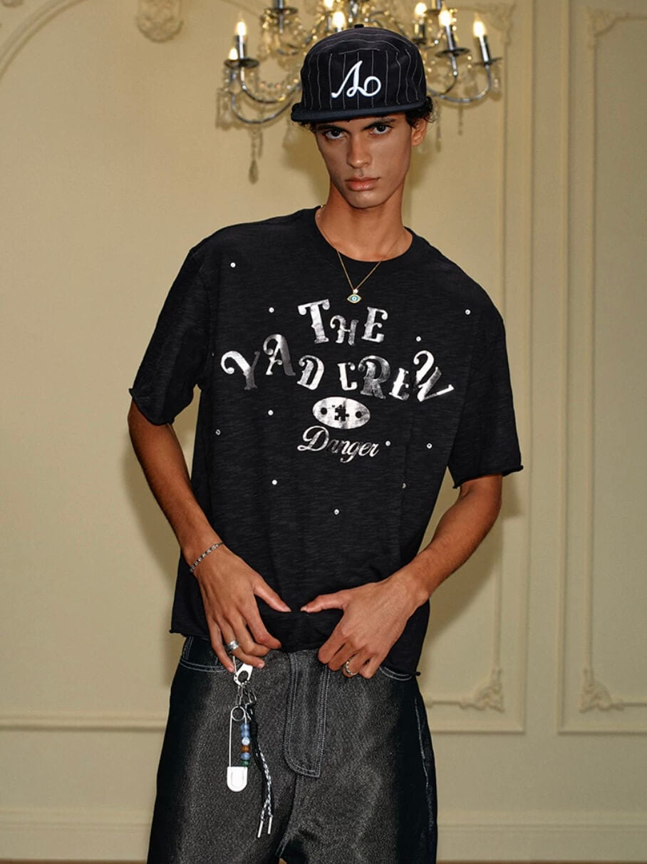 YADcrew Silver Logo Print All Over Rhinestone Tee