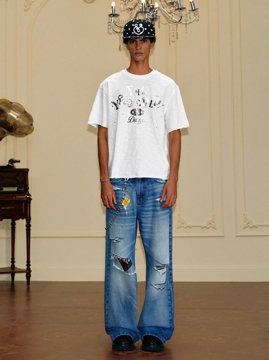YADcrew Silver Logo Print All Over Rhinestone Tee
