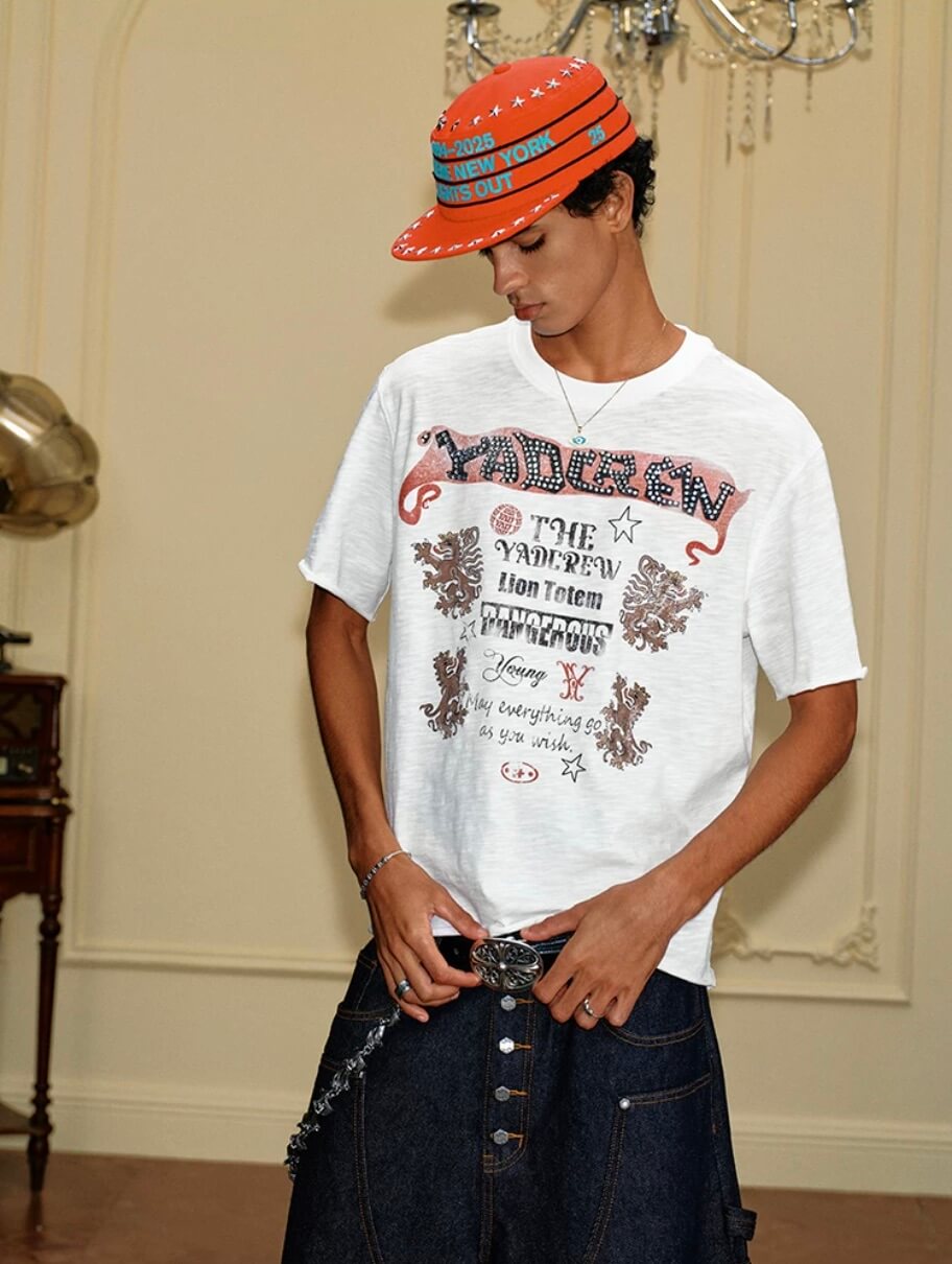 YADcrew Vintage Lion DTG Print Rhinestone Tee