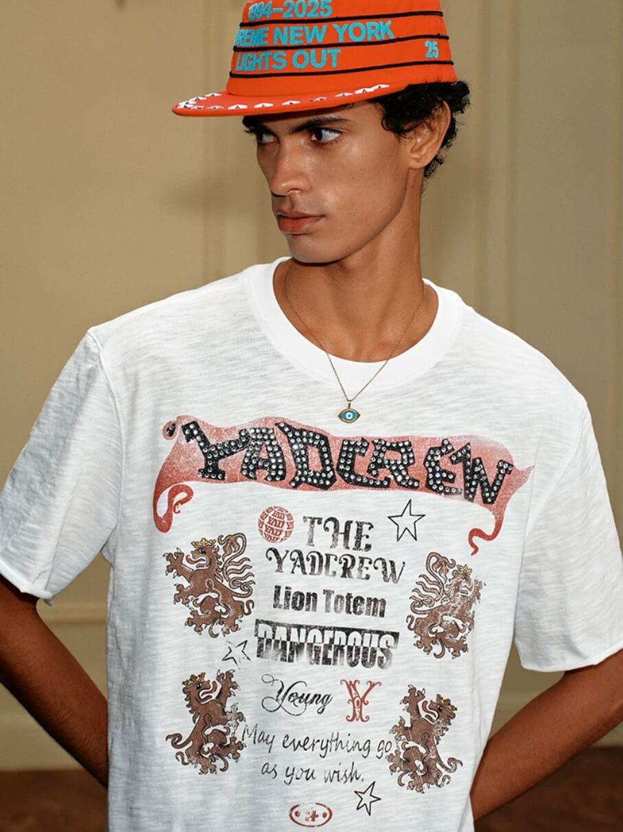 YADcrew Vintage Lion DTG Print Rhinestone Tee
