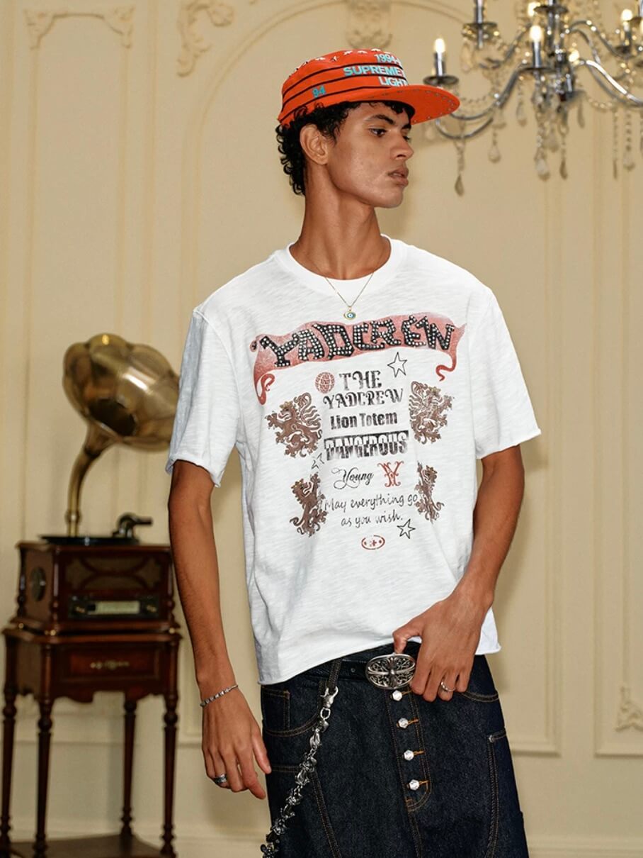 YADcrew Vintage Lion DTG Print Rhinestone Tee
