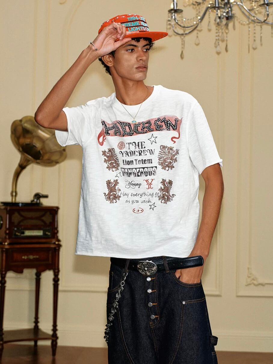 YADcrew Vintage Lion DTG Print Rhinestone Tee