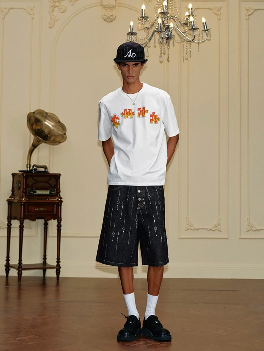 YADcrew Puzzle Piece Flame Rhinestone Tee