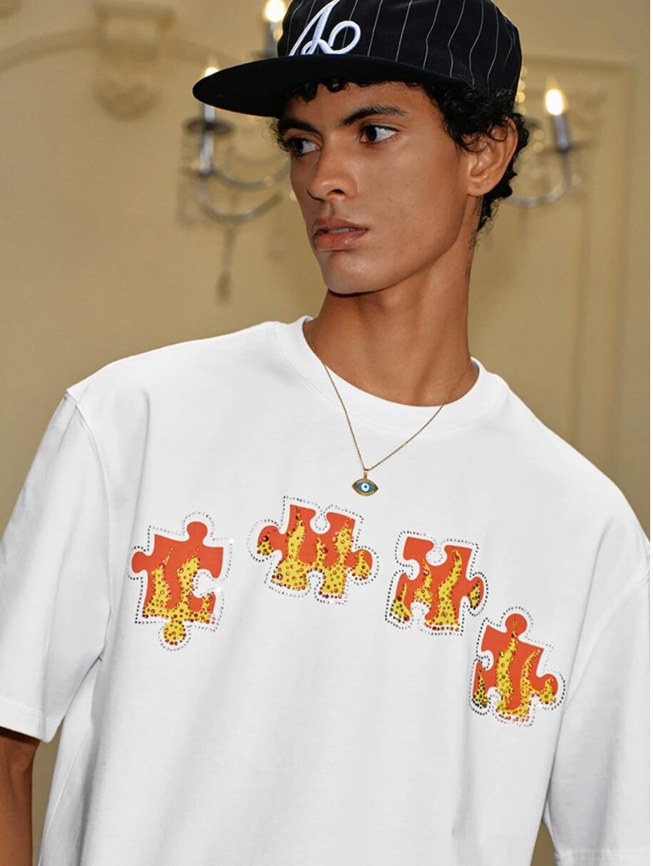 YADcrew Puzzle Piece Flame Rhinestone Tee