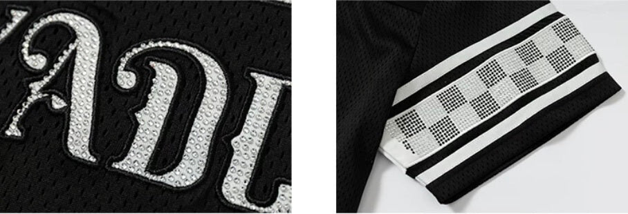 YADcrew Rhinestone Digital Checkered Numbering Mesh Tee