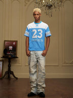 YADcrew Rhinestone Digital Checkered Numbering Mesh Tee