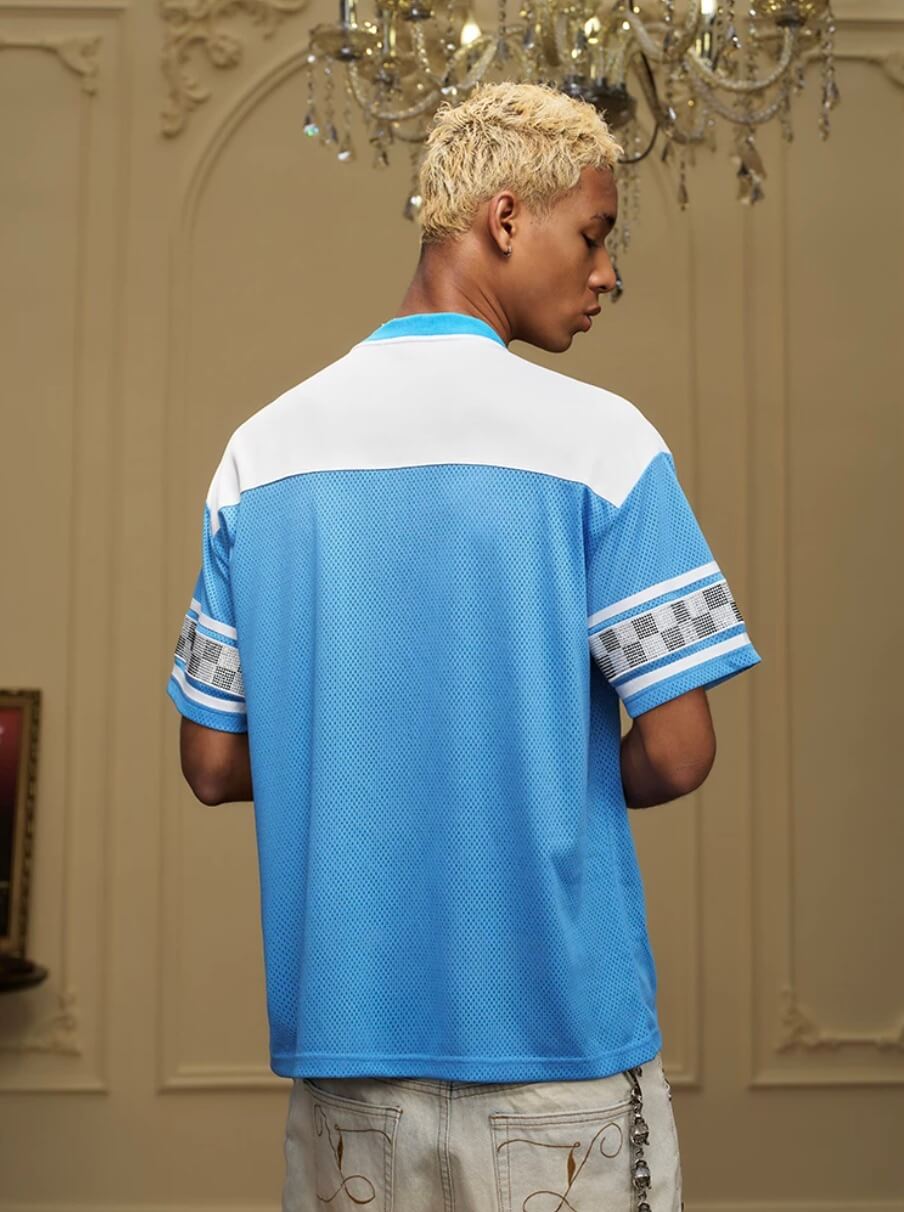 YADcrew Rhinestone Digital Checkered Numbering Mesh Tee