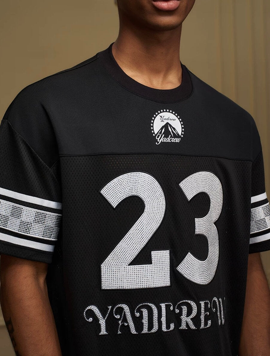 YADcrew Rhinestone Digital Checkered Numbering Mesh Tee