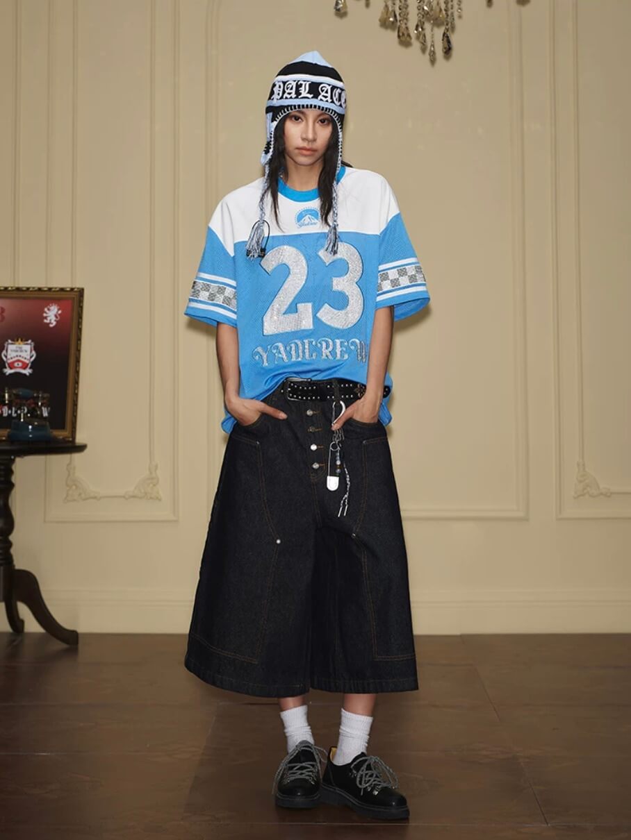YADcrew Rhinestone Digital Checkered Numbering Mesh Tee