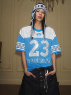 YADcrew Rhinestone Digital Checkered Numbering Mesh Tee