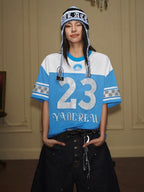 YADcrew Rhinestone Digital Checkered Numbering Mesh Tee