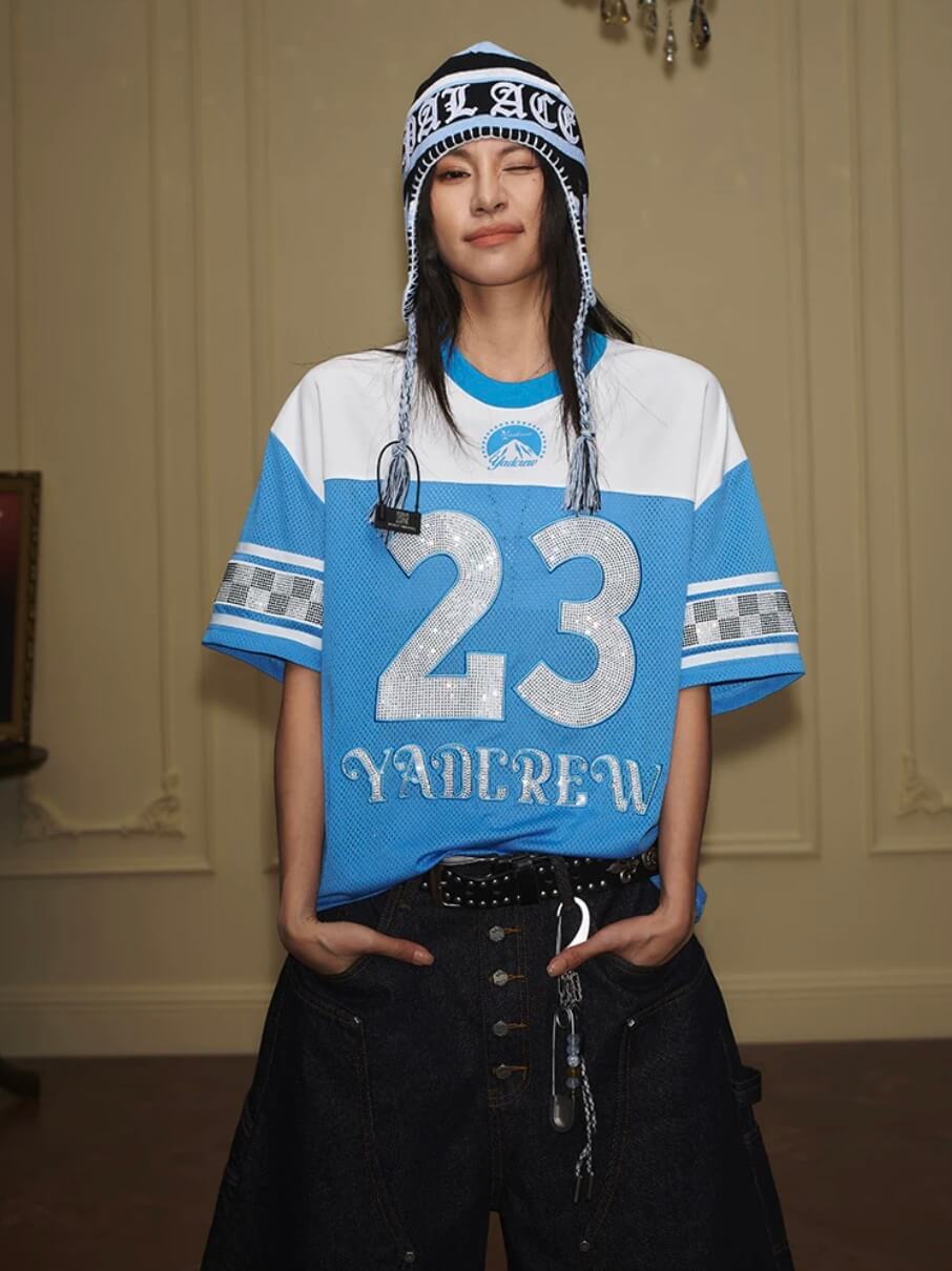 YADcrew Rhinestone Digital Checkered Numbering Mesh Tee