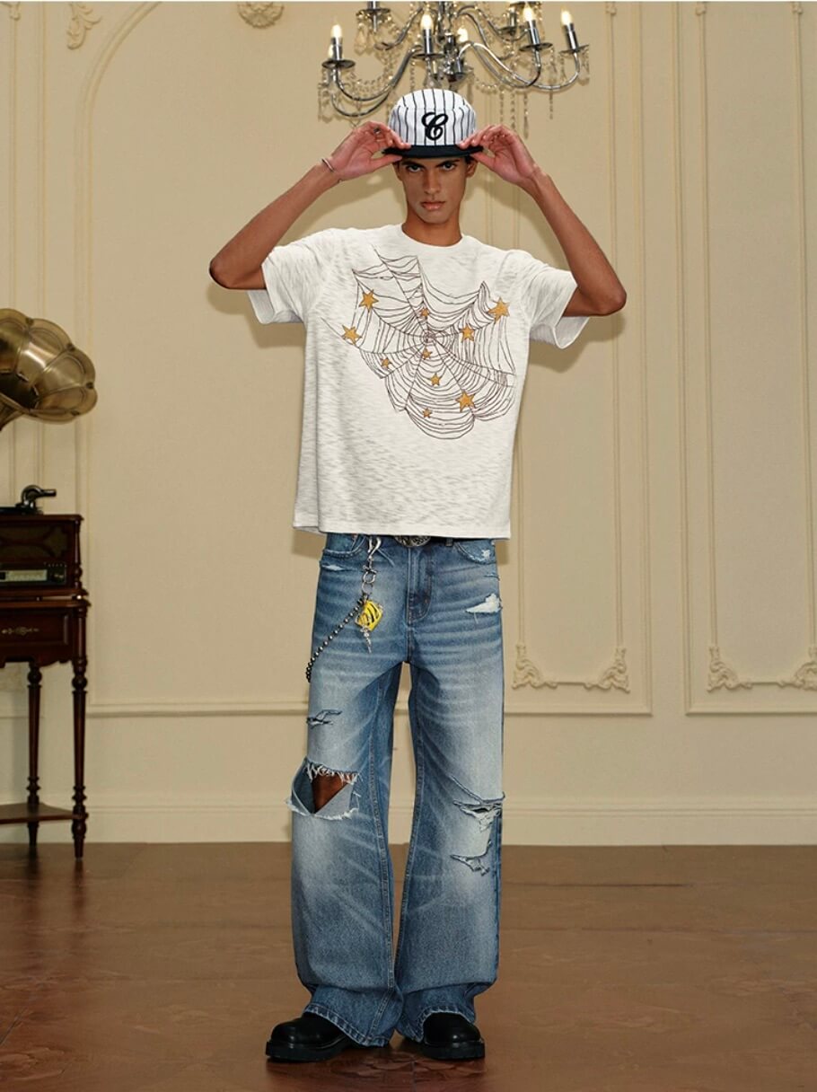 YADcrew Pearl Studded Star Spider Web Print Tee