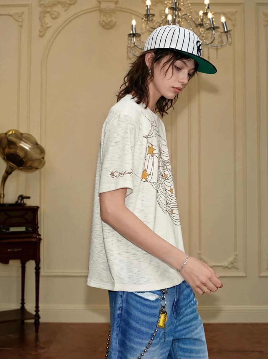 YADcrew Pearl Studded Star Spider Web Print Tee