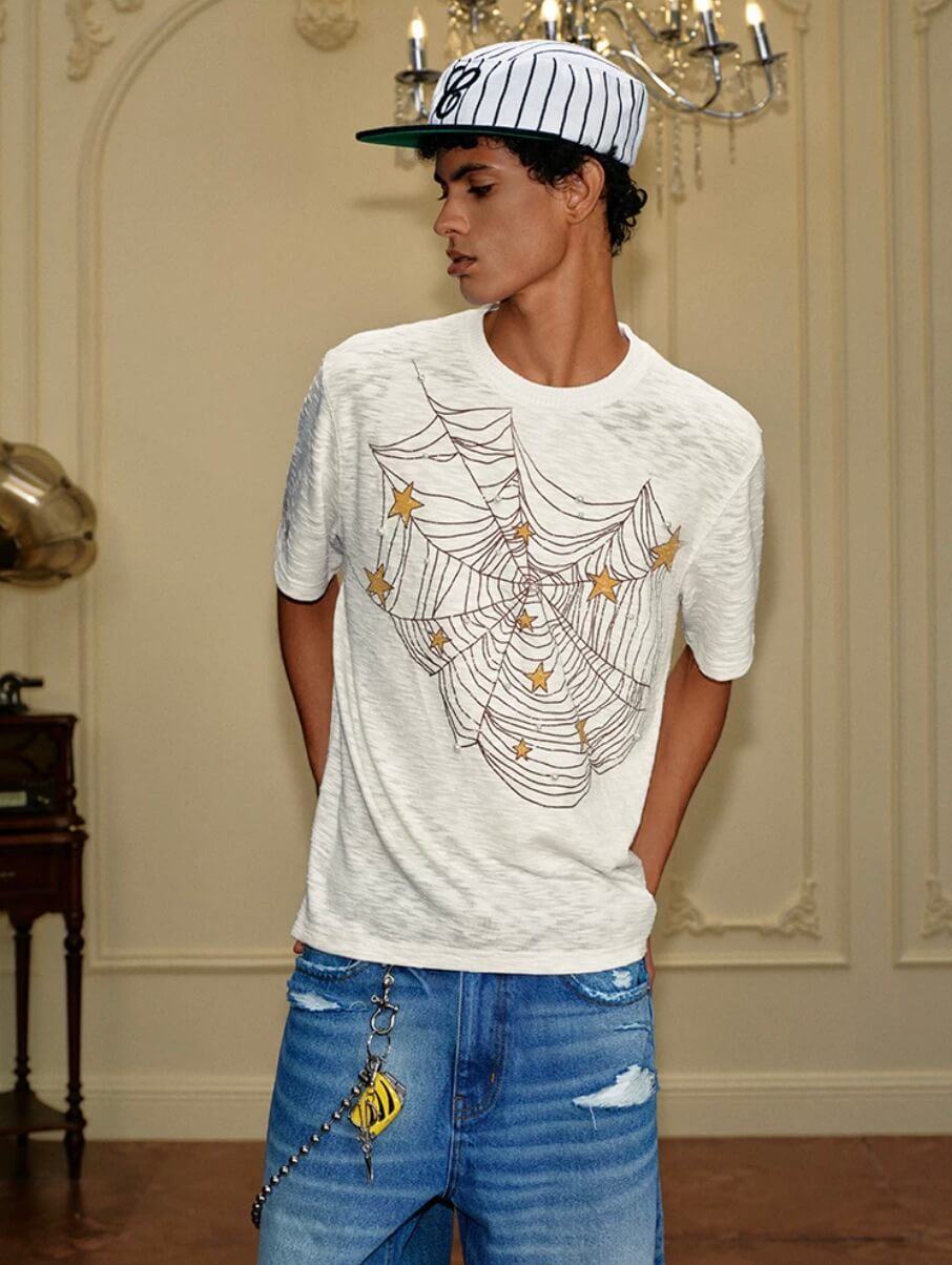 YADcrew Pearl Studded Star Spider Web Print Tee