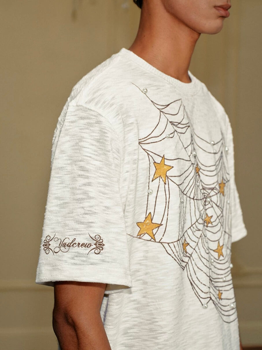 YADcrew Pearl Studded Star Spider Web Print Tee
