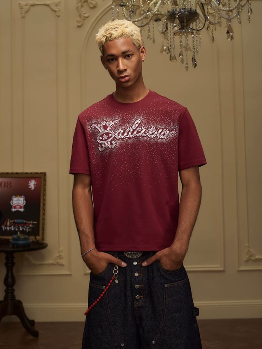 YADcrew Rhinestone Studded Rope Logo Embroidered Tee