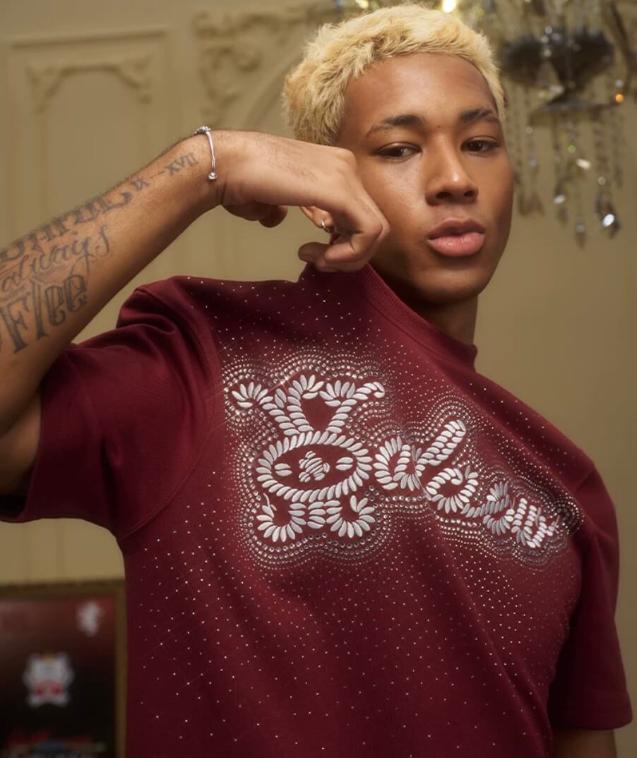 YADcrew Rhinestone Studded Rope Logo Embroidered Tee