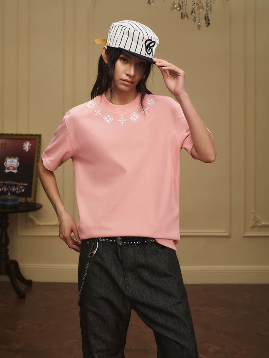 YADcrew Clover Pearl Neckline Tee