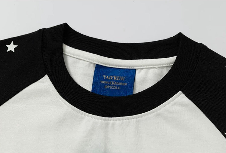 YADcrew Cartoon Dog Print Star Raglan Color Block Tee