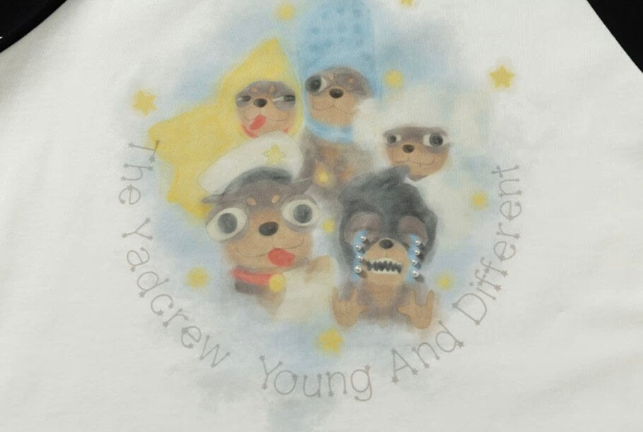 YADcrew Cartoon Dog Print Star Raglan Color Block Tee