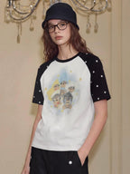 YADcrew Cartoon Dog Print Star Raglan Color Block Tee