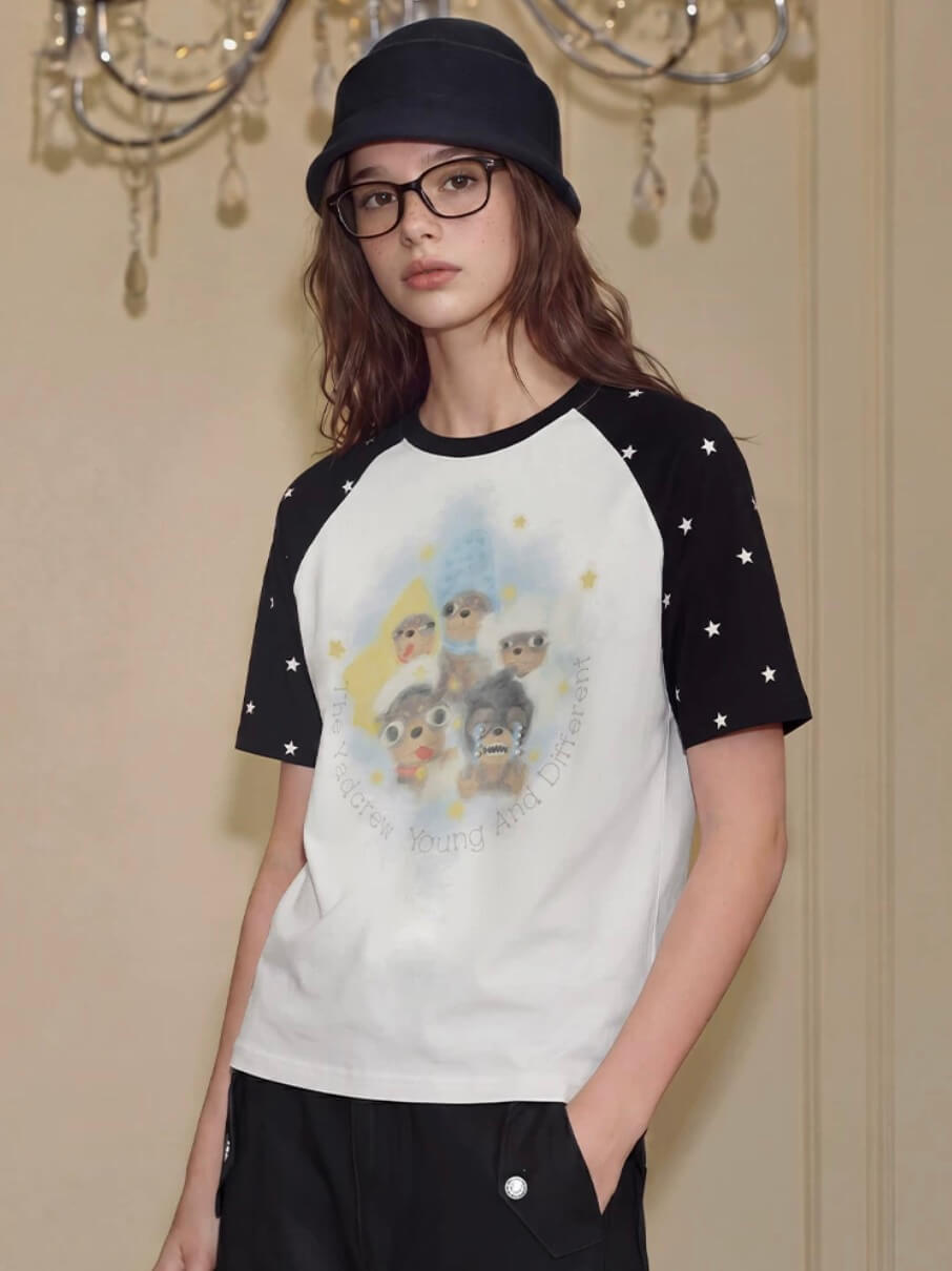 YADcrew Cartoon Dog Print Star Raglan Color Block Tee