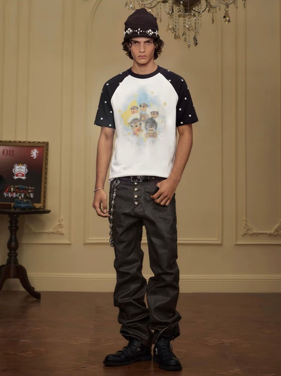 YADcrew Cartoon Dog Print Star Raglan Color Block Tee
