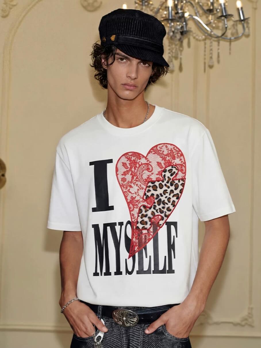 YADcrew Heart Puzzle Patchwork Lace Leopard Tee